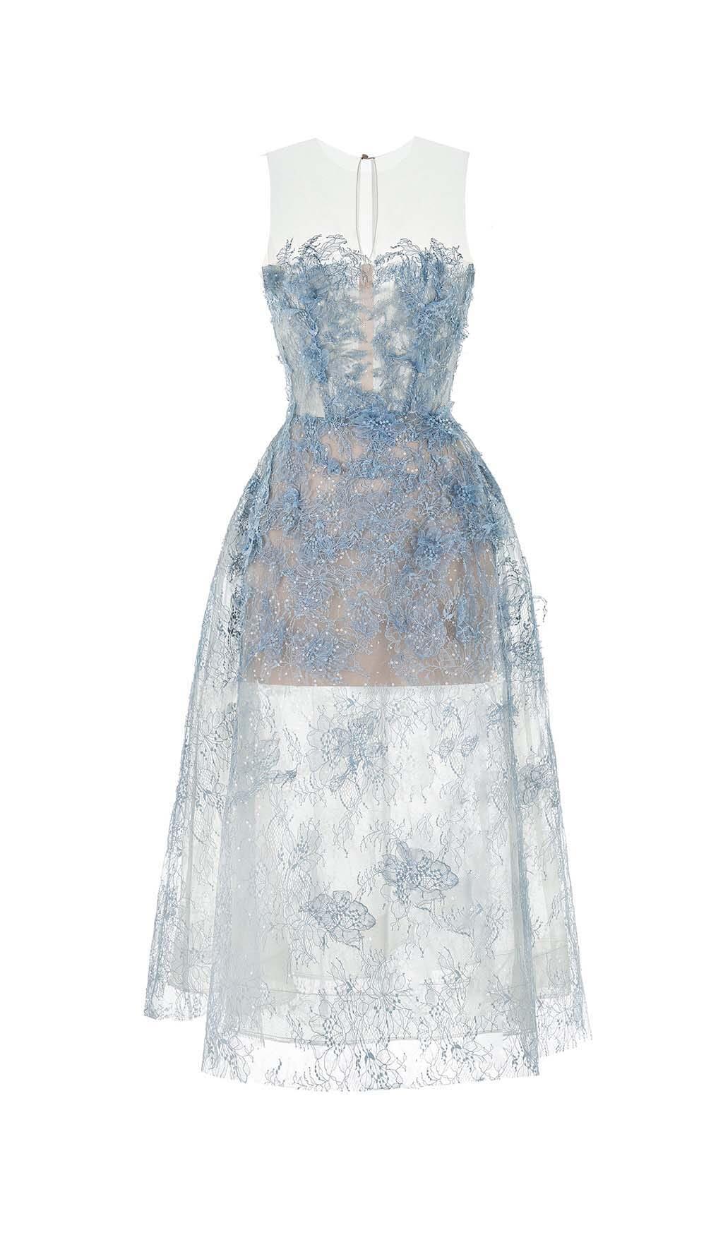 BLUE FLORAL LACE EMBROIDER MIDI DRESS