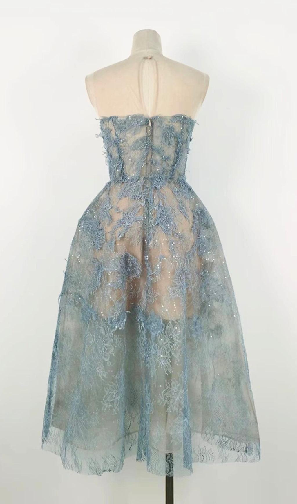 BLUE FLORAL LACE EMBROIDER MIDI DRESS