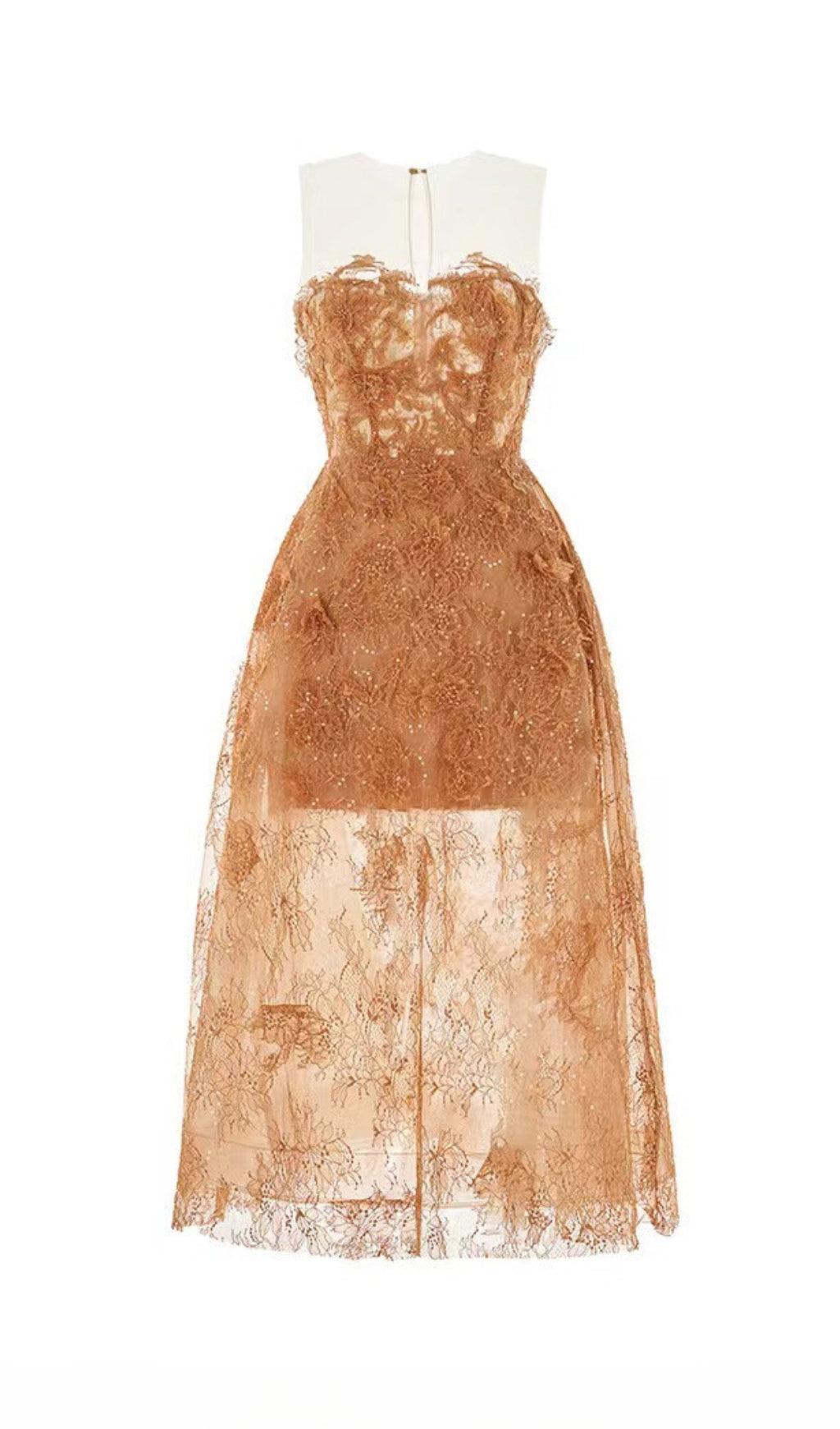 CARAMEL FLORAL LACE EMBROIDER MIDI DRESS