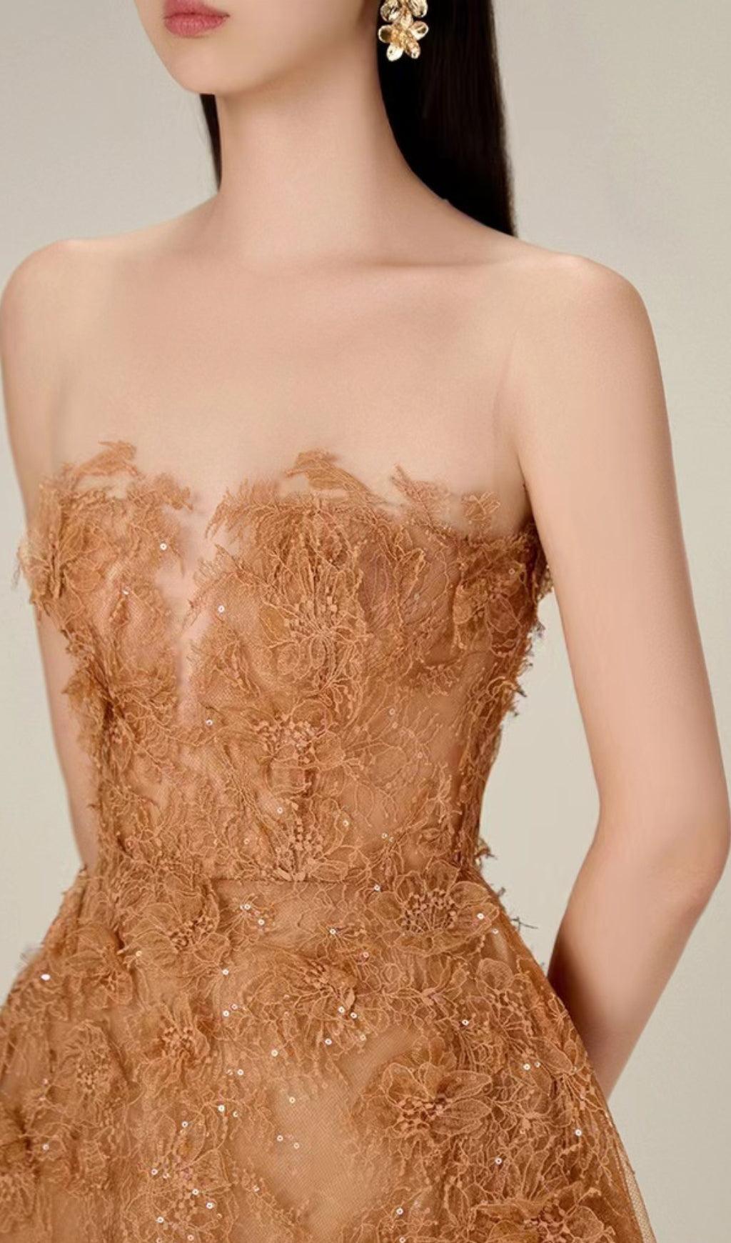 CARAMEL FLORAL LACE EMBROIDER MIDI DRESS