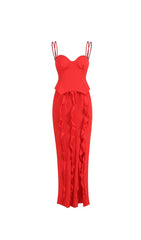 CORSET FRILL SKIRT MAXI DRESS IN SCARLET RED