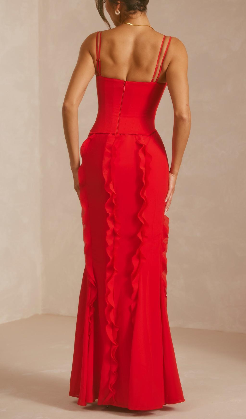 CORSET FRILL SKIRT MAXI DRESS IN SCARLET RED