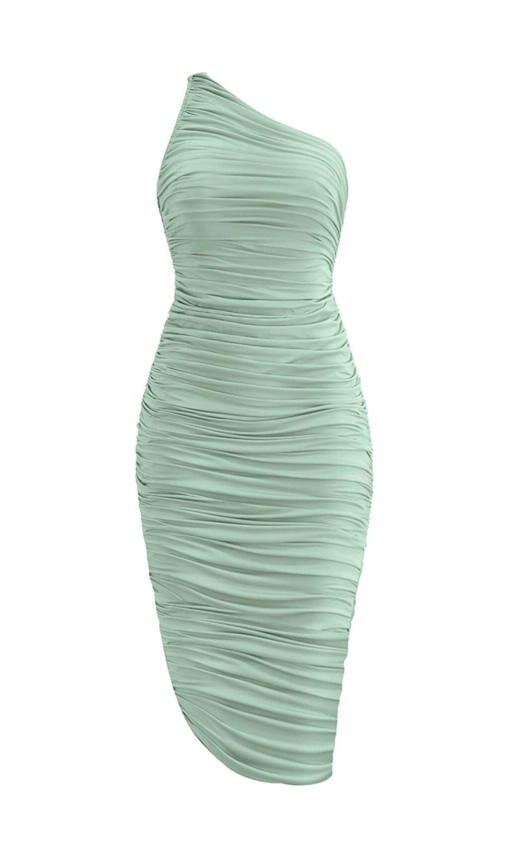 PLEATED SLEEVELESS ONE-SHOULDER DRESS IN GREEN