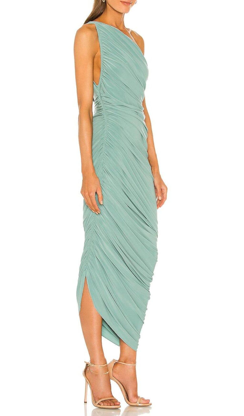 PLEATED SLEEVELESS ONE-SHOULDER DRESS IN GREEN