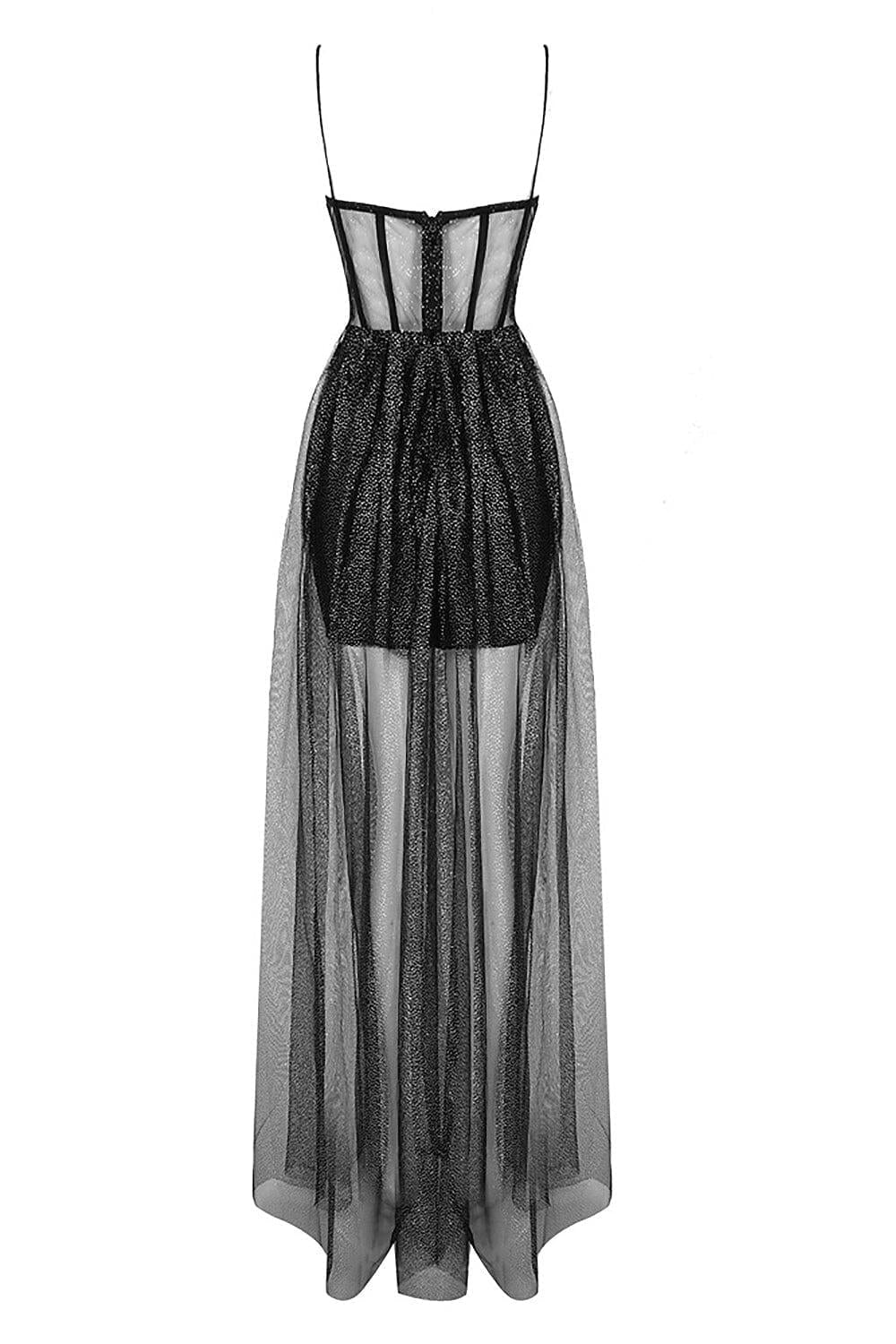 STRAPPY DRAPED RHINESTONE TULLE CORSET MAXI DRESS IN BLACK