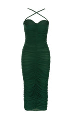 RUCHED MIDI DRESS IN GREEN