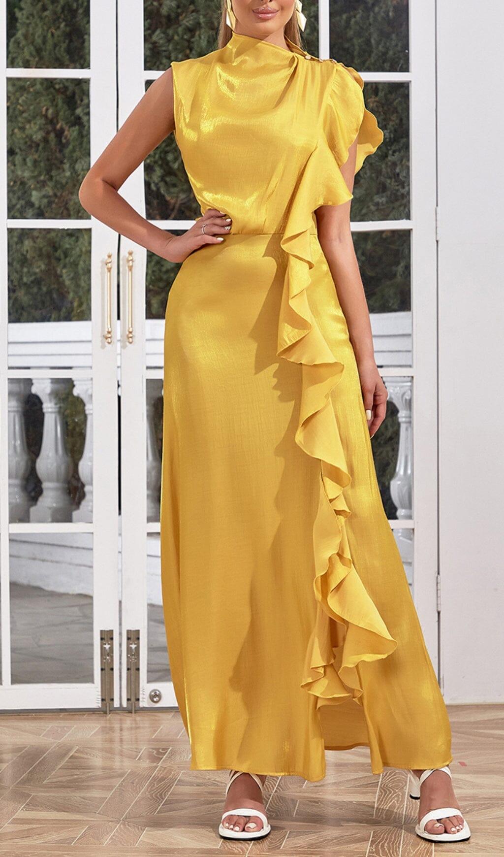 YELLOW MOCK NECK RUFFLE TRIM DRAPED DETAIL SATIN DRESS