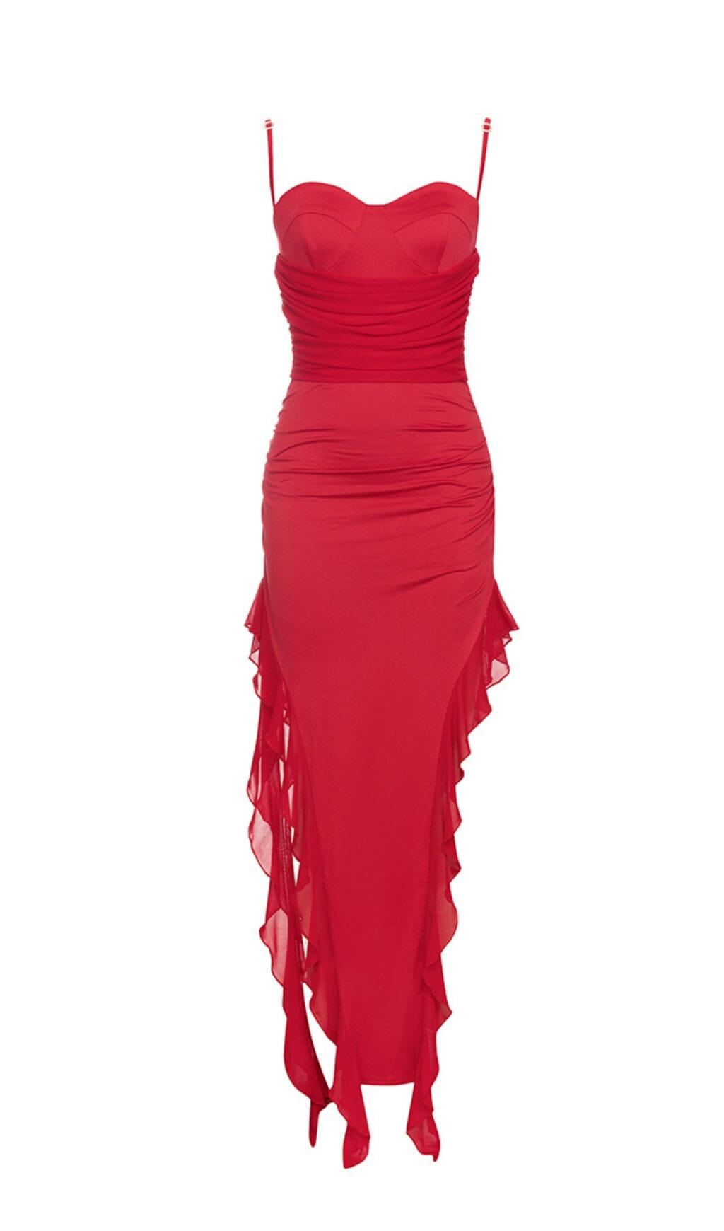 RED TUBE TOP ONE SHOULDER RIBBON DRESS