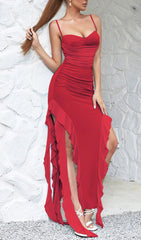 RED TUBE TOP ONE SHOULDER RIBBON DRESS