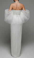 STRAPLESS PUFF SLEEVES SHINY GLITTER WEDDING DRESS