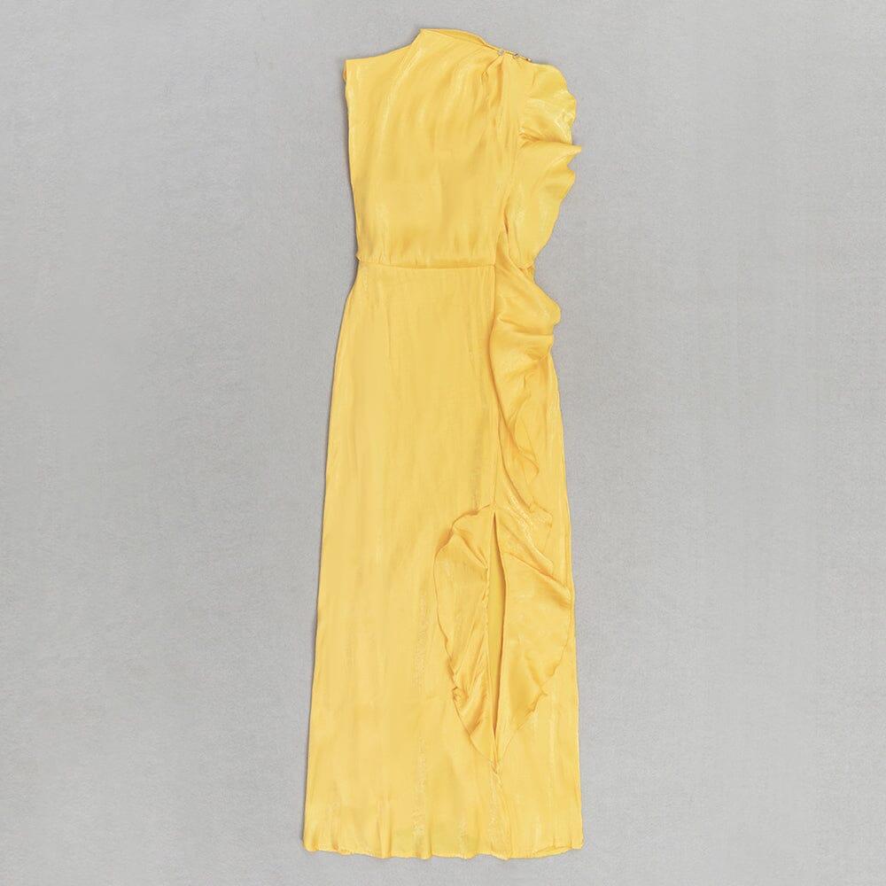 YELLOW MOCK NECK RUFFLE TRIM DRAPED DETAIL SATIN DRESS