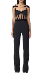 STRAPPY BEADED BANDAGE MESH JUMPSUIT