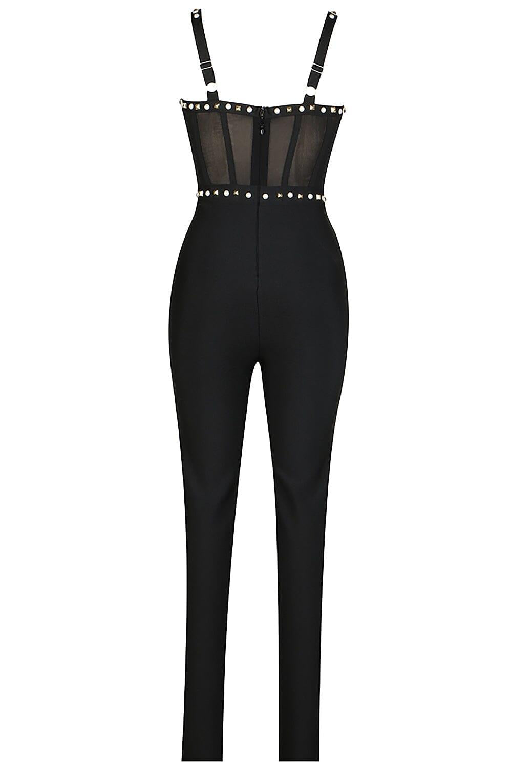 STRAPPY BEADED BANDAGE MESH JUMPSUIT