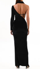 VELVET ONE SHOULDER STRAPLESS MESH MAXI DRESS