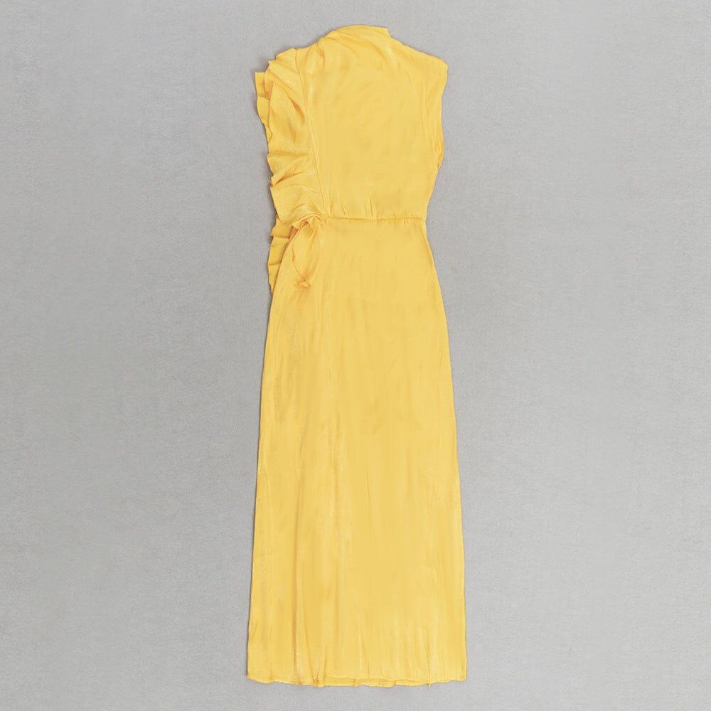 YELLOW MOCK NECK RUFFLE TRIM DRAPED DETAIL SATIN DRESS