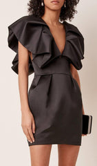 DEEP V THREE-DIMENSIONAL SHOULDER DESIGN DRESS IN BLACK