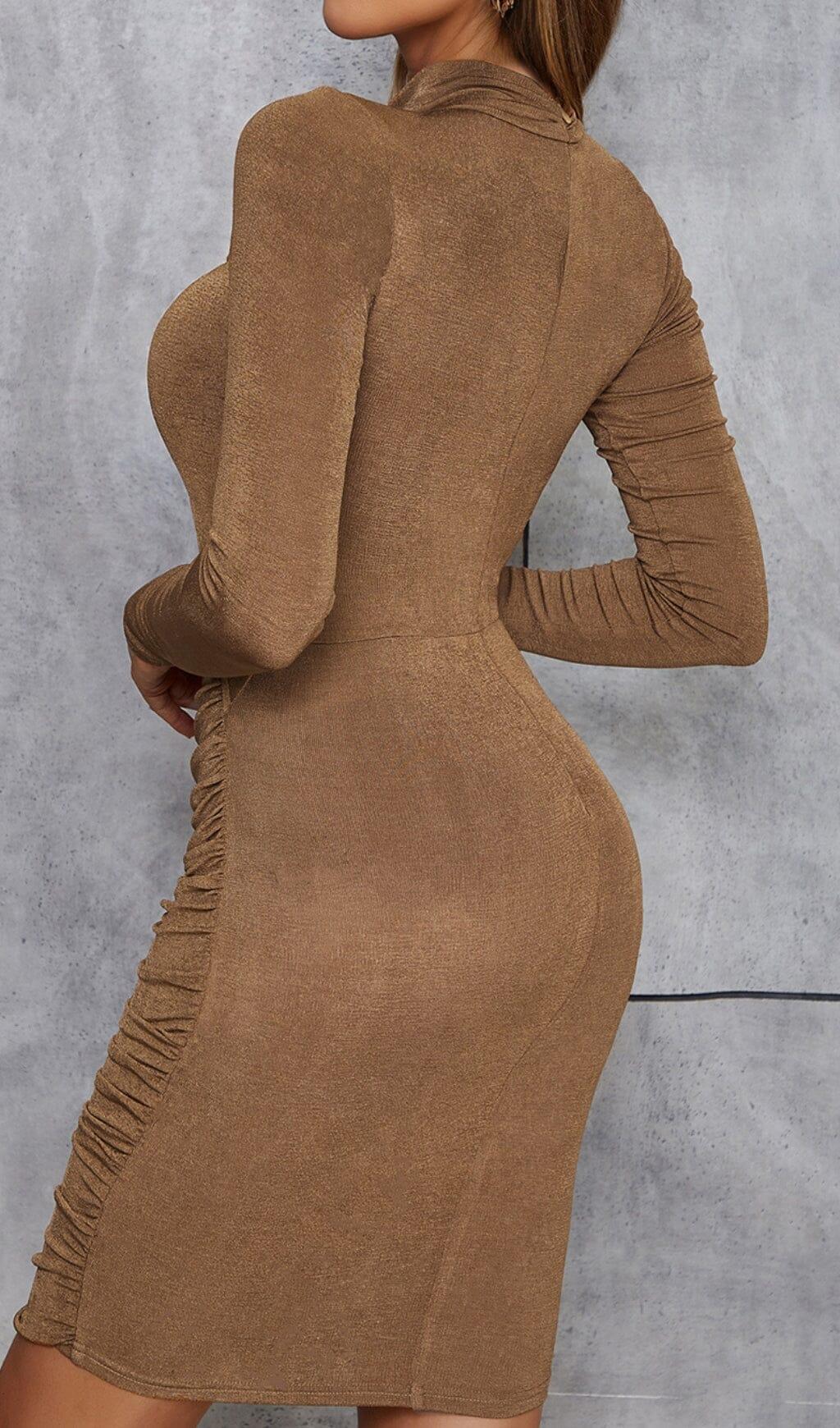 CARAMEL TURTLENECK WAIST HOLLOW PLEATED DRESS