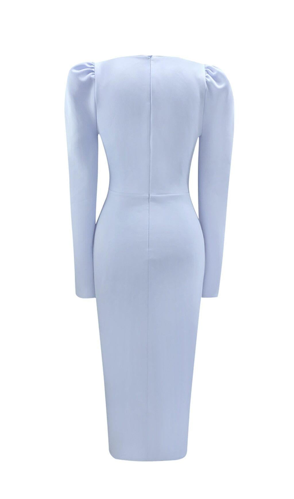 LIGHT BLUE SQUARE-NECK PUFF SLEEVE SIDE HIGH SLIT DRESS