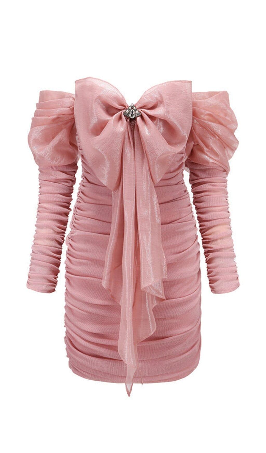 PINK BOWKNOT LONG SLEEVE MINI DRESS