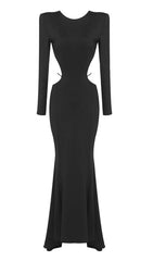 LONG SLEEVE CUT OUT BACKLESS MERMAID MAXI DRESS IN BLACK