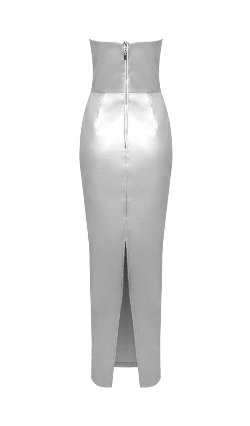 FAUX LEATHER STRAPLESS MAXI DRESS IN SILVER