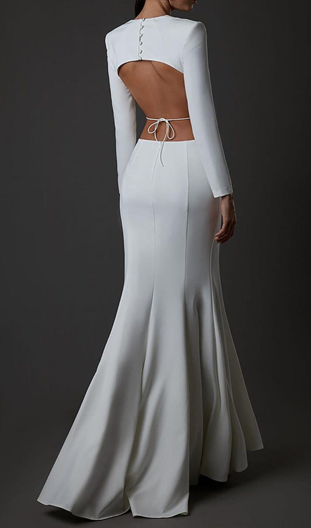 LONG SLEEVE CUT OUT BACKLESS MERMAID MAXI DRESS IN WHITE