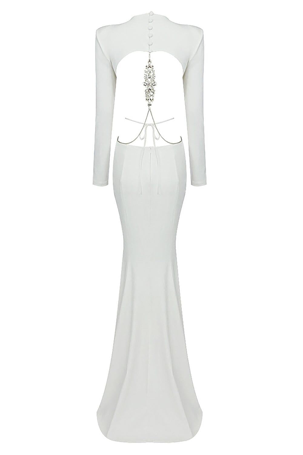 LONG SLEEVE CUT OUT BACKLESS MERMAID MAXI DRESS IN WHITE