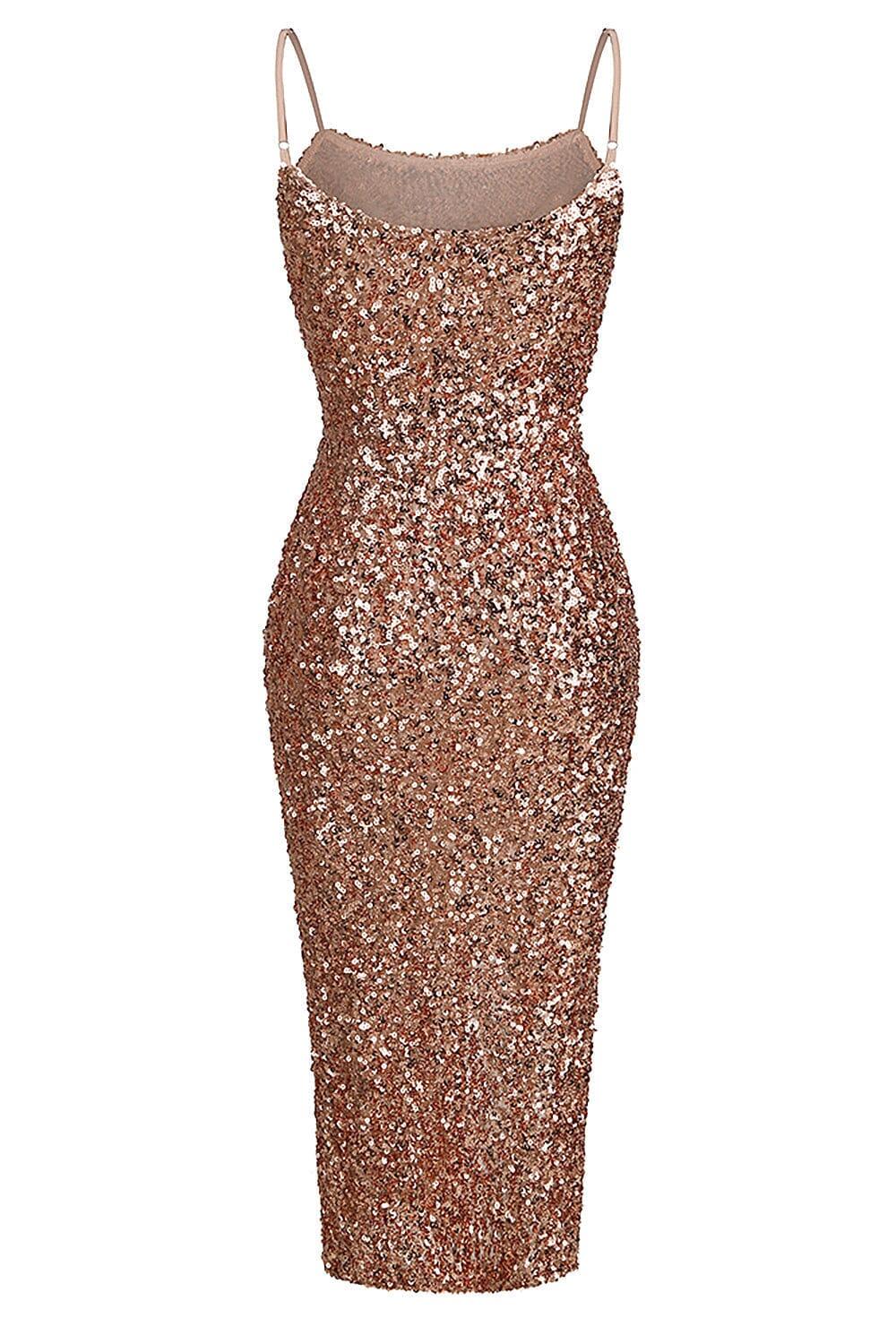 STRAPPY SEQUINS SLIT MIDI DRESS IN GOLD