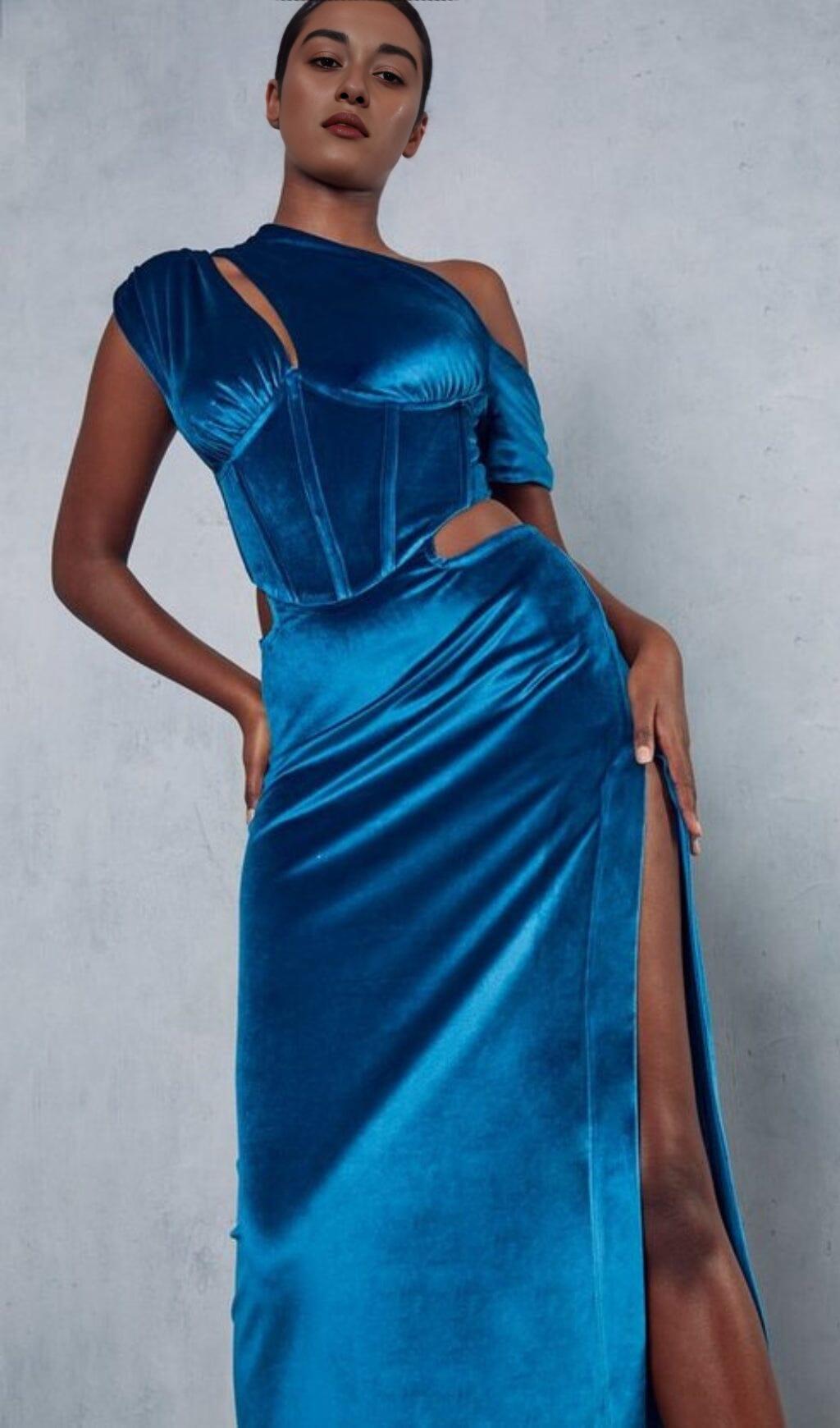 VELVET SLANT SHOULDER HIGH WAIST SPLIT MAXI DRESS IN TREASURE BLUE