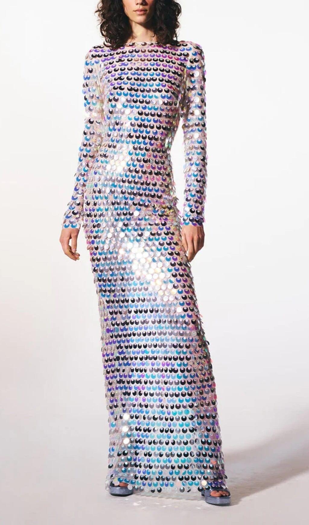 CREWNECK SLIM SEQUIN BACKLESS MAXI DRESS