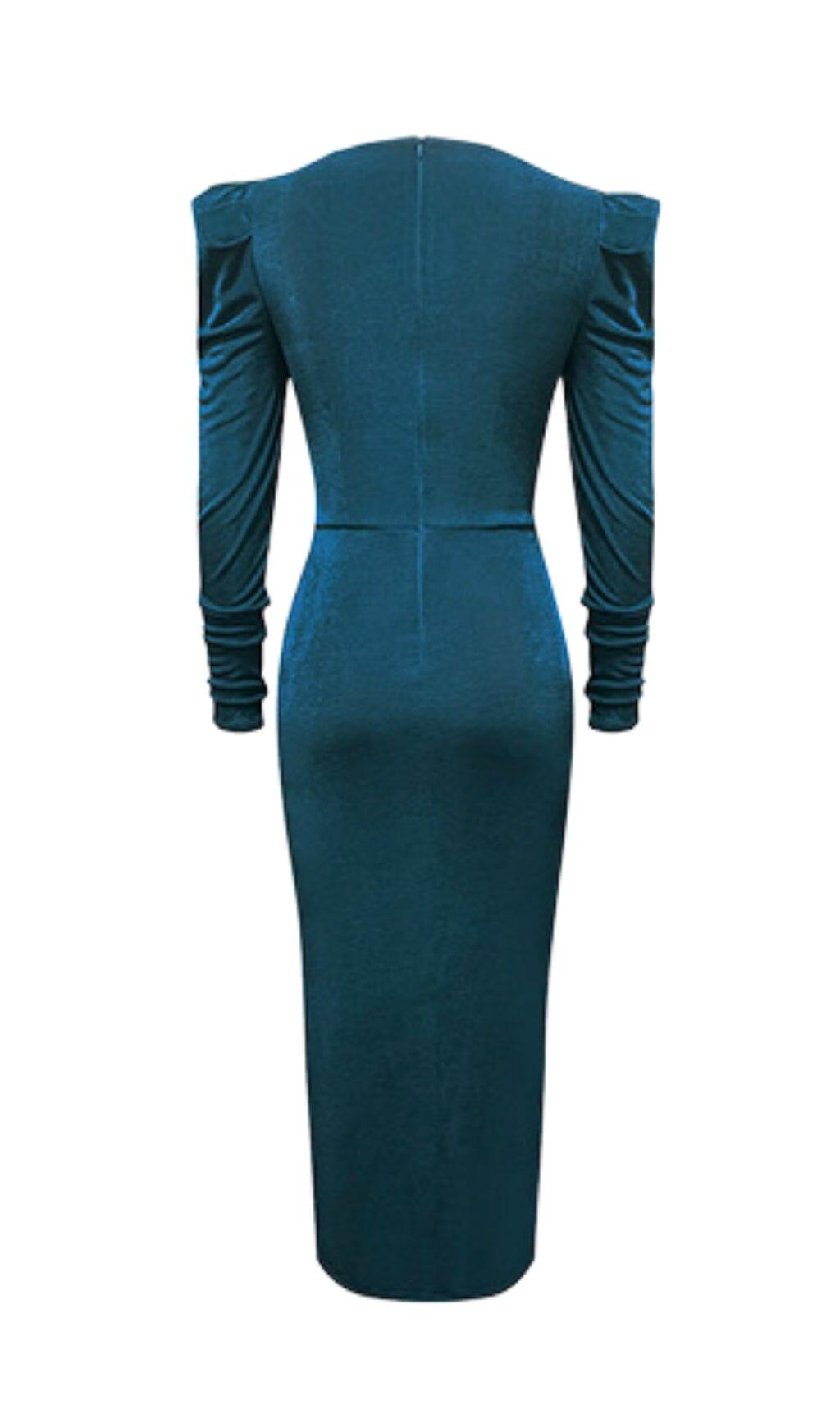 HIGH SLIT SLIM-FIT KNIT MIDI DRESS IN GREY-BLUE