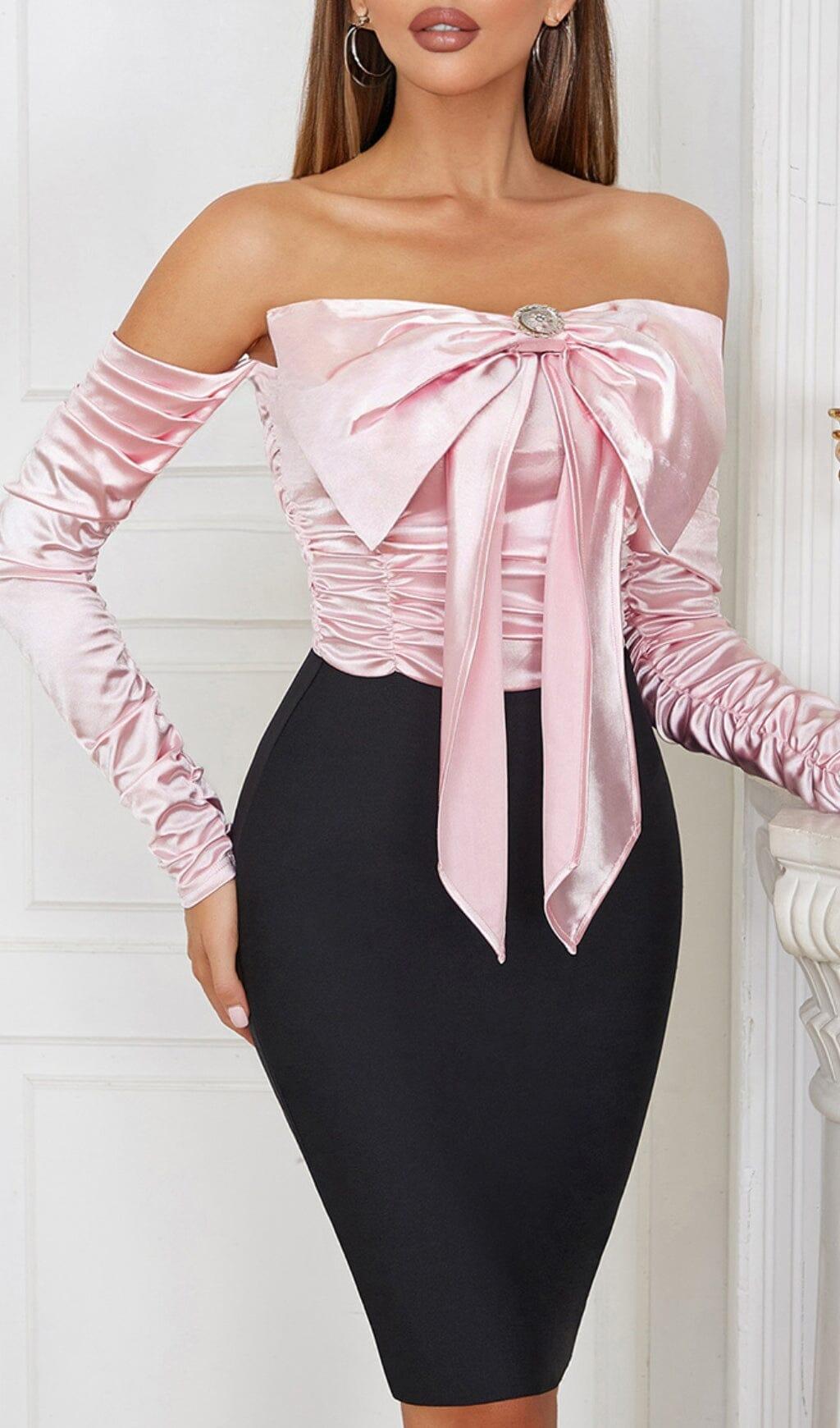 SPLICING ONE LINE SHOULDER LARGE BOW DRESS IN BLACK AND PINK