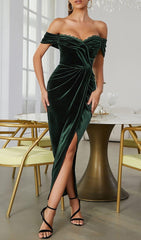 VELVET ONE-LINE SHOULDER HIGH SLIT DRESS IN DARK GREEN