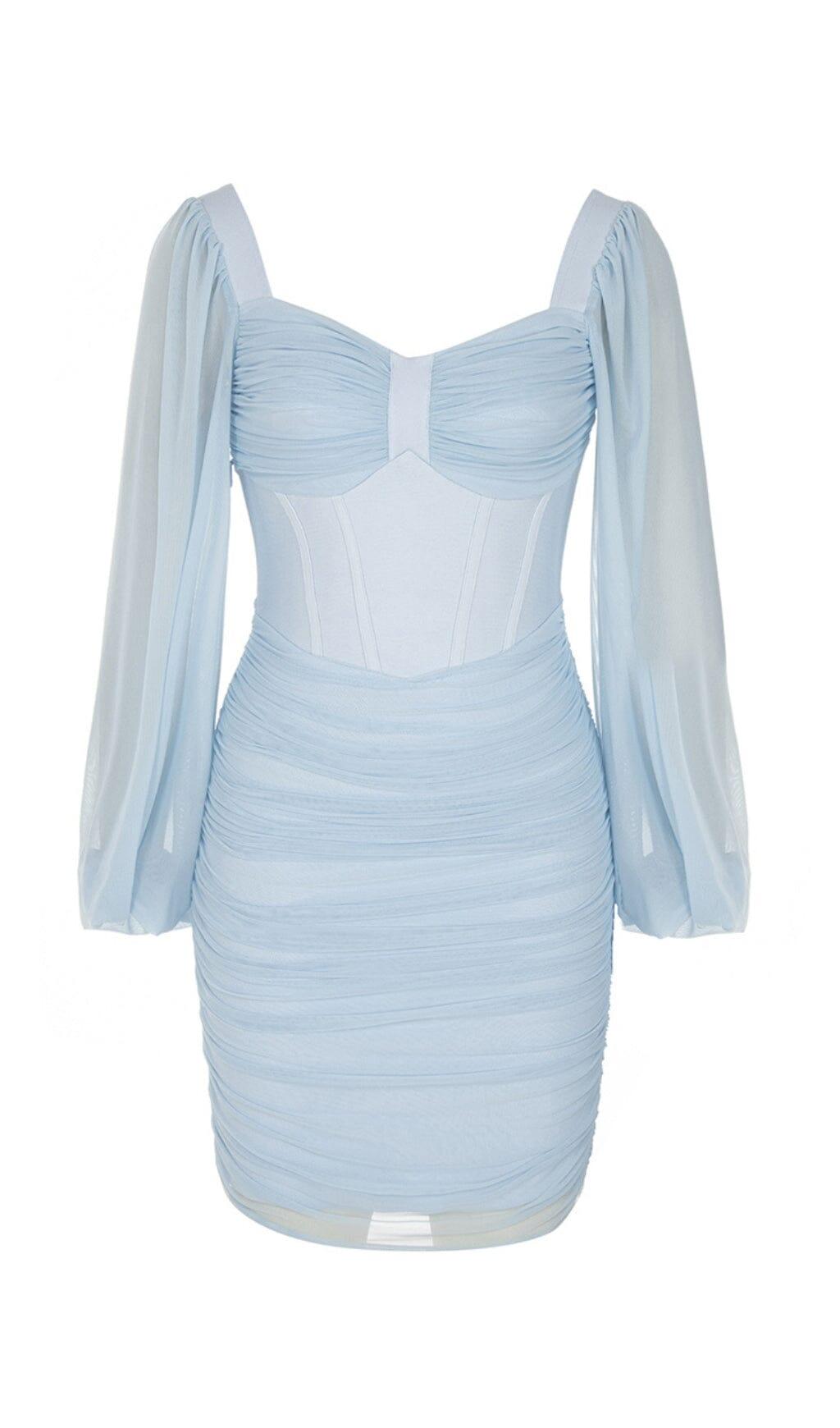 FISHBONE RUCKED WAIST ONE-LINE SHOULDER DRESS IN LIGHT BLUE