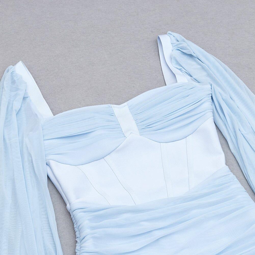 FISHBONE RUCKED WAIST ONE-LINE SHOULDER DRESS IN LIGHT BLUE