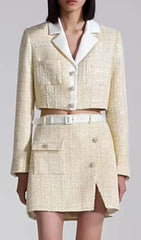 YELLOW COLOR LIGHT THIN TWEED SHORT COAT & SKIRT