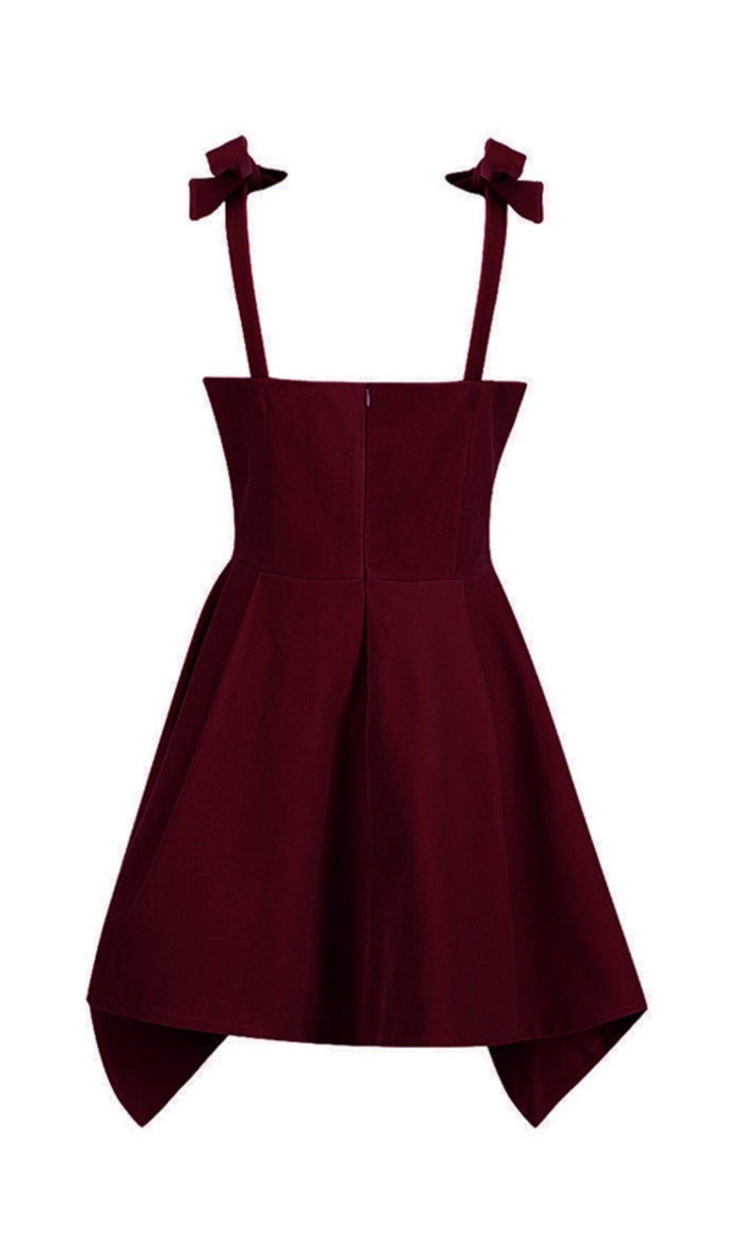 BOW SHOULDER STRAP VELVET SUSPENDER DRESS IN BURGUNDY