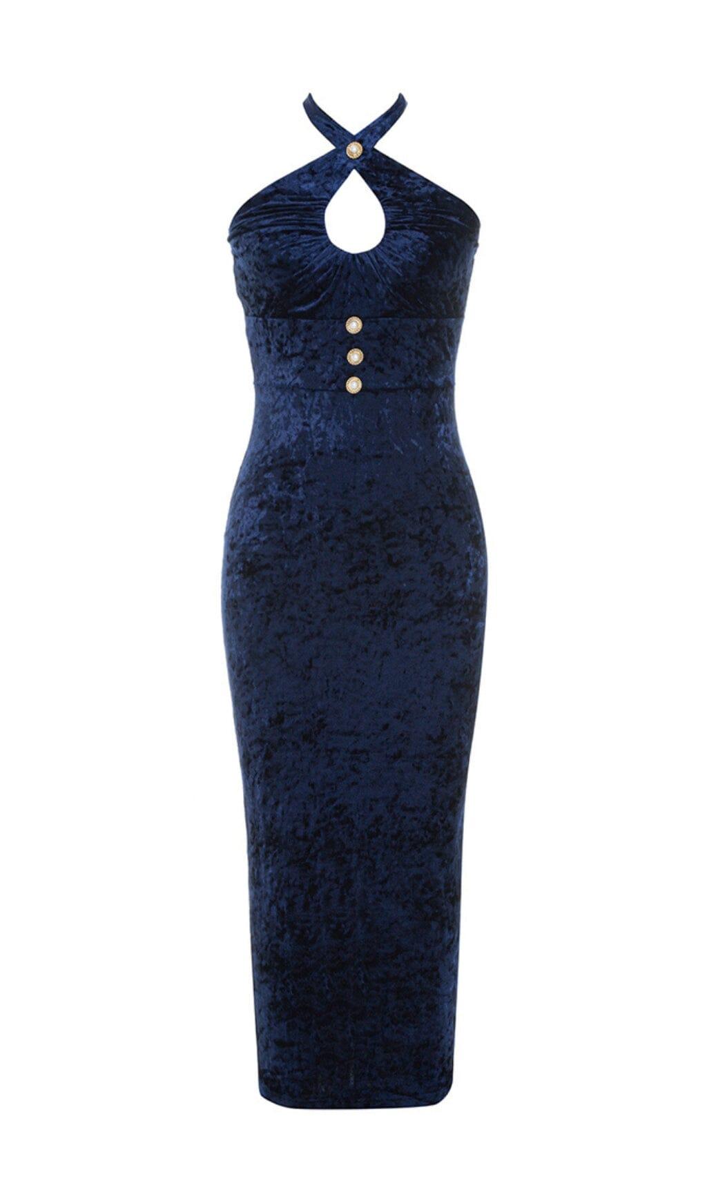 VELVET HALTER SEXY WAIST MIDI DRESS IN NAVY