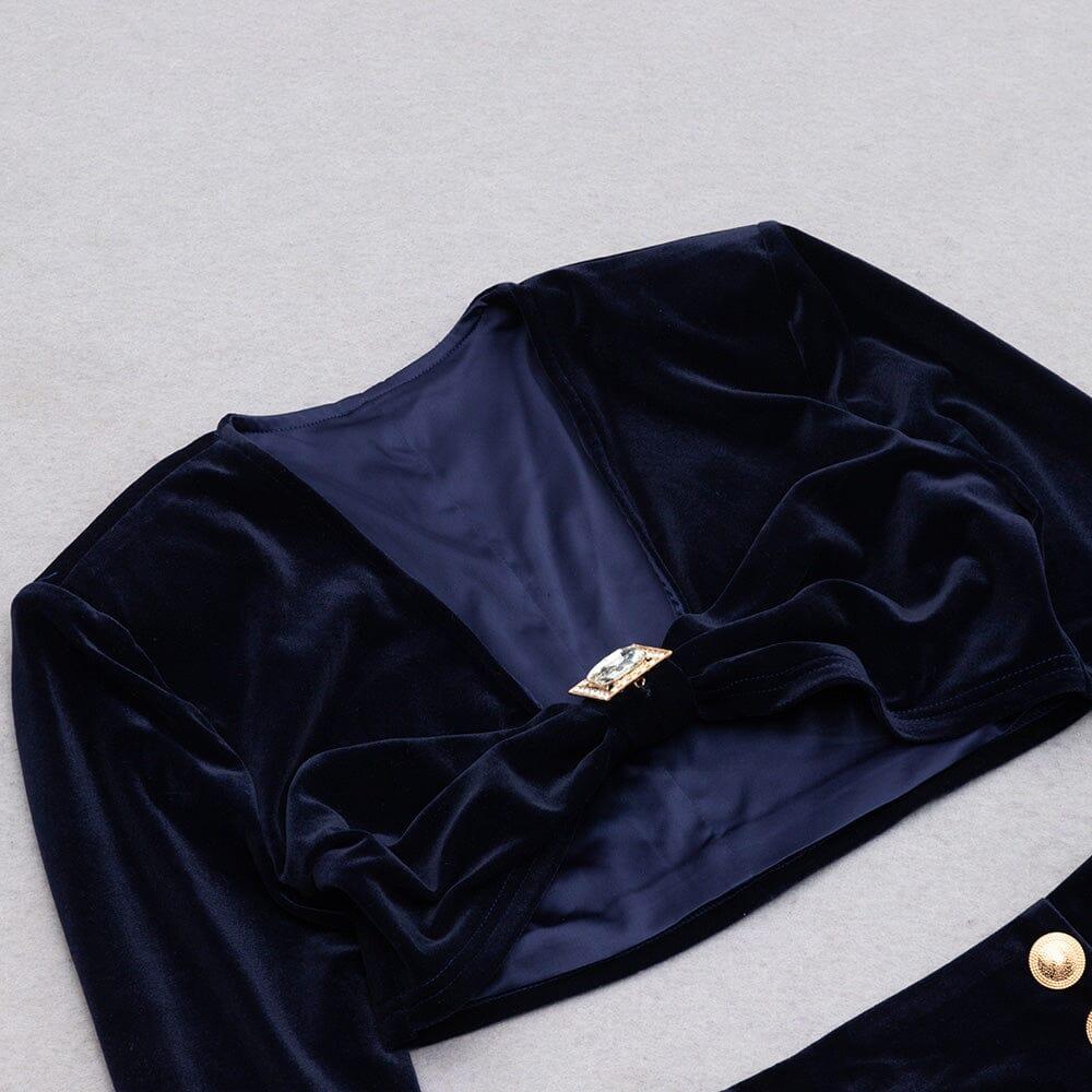 VELVET METAL BUCKLE SEXY TWO PIECES SUIT IN NAVY