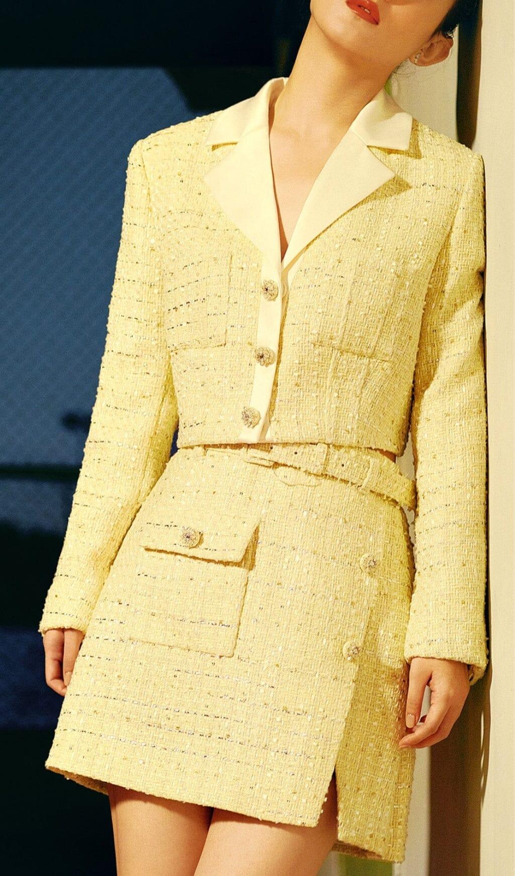 YELLOW COLOR LIGHT THIN TWEED SHORT COAT & SKIRT