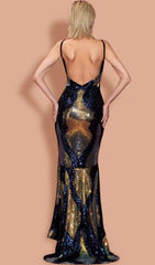 V-NECK SEQUINED BACKLESS DRESS IN DARK BLUE