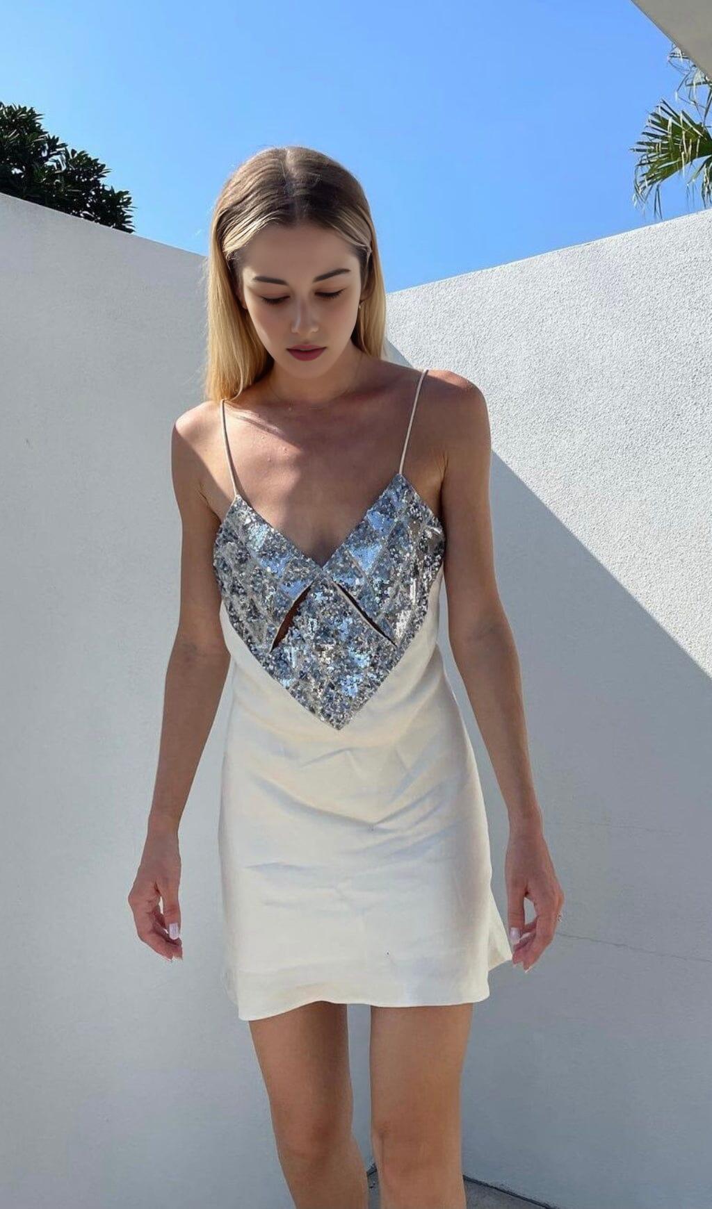 SPLICED SEQUIN BACKLESS DRESS IN WHITE