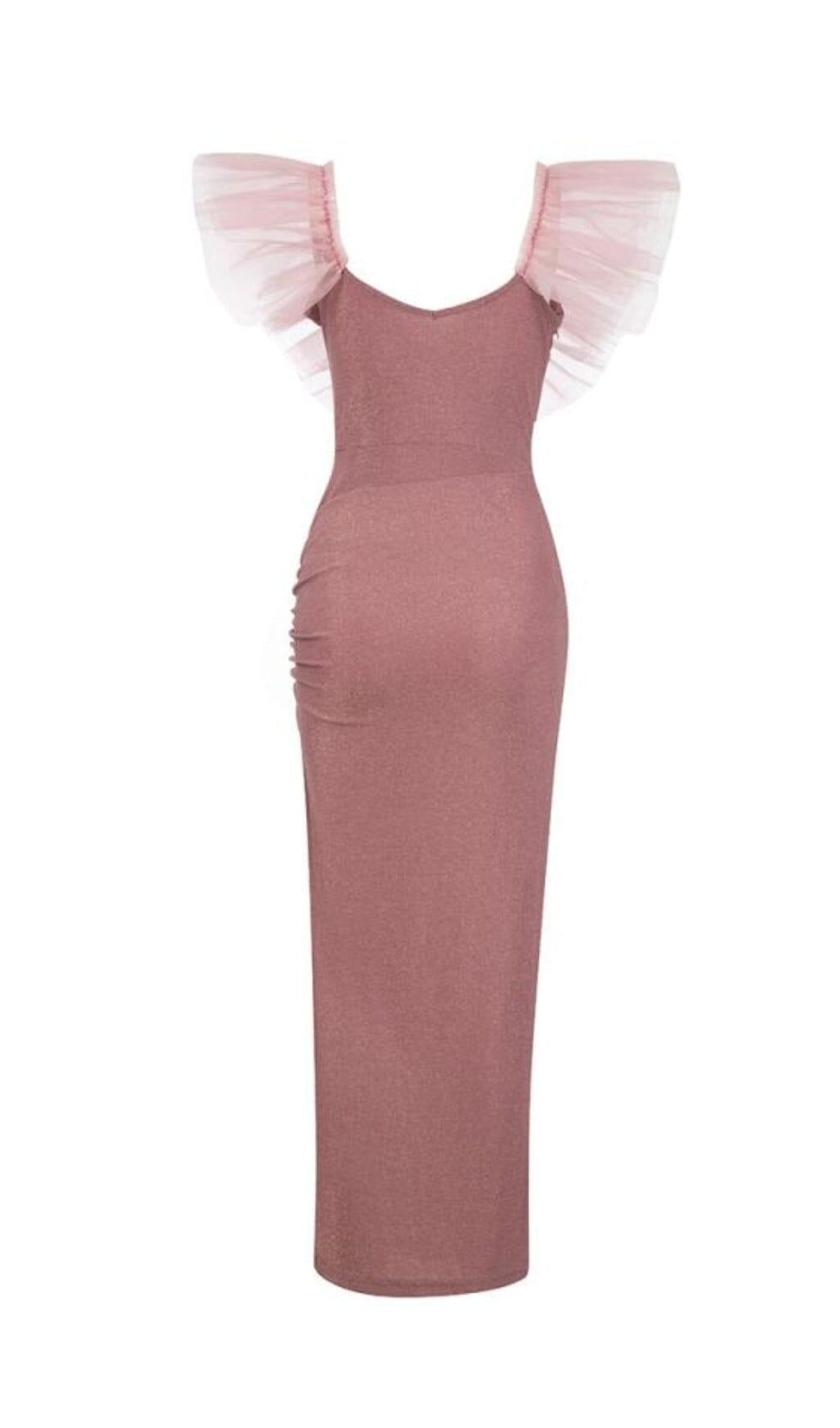 V-NECK LOTUS LEAF YARN EDGE SLIM SLIT DRESS IN PINK