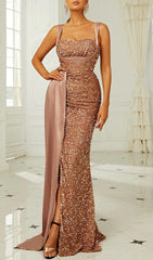 GOLD SEQUIN SLEEVELESS SUSPENDER MAXI DRESS