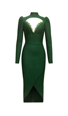 DARK GREEN CHEST HOLLOW LACE STITCHED SLIM MIDI DRESS