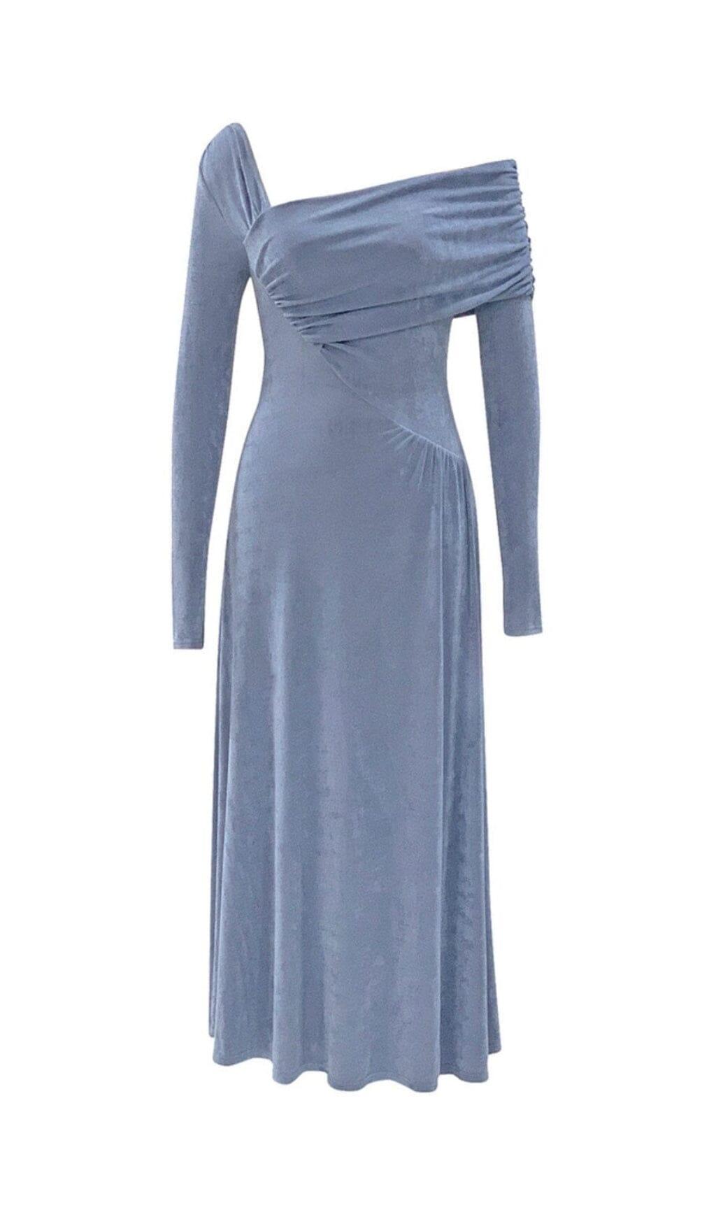 GREY-BLUE OFF SHOULDER MIDI DRESS