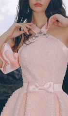 PINK HALTER NECK OFF SHOULDER MINI DRESS