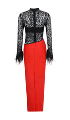 SPLICED LACE FEATHER SLIT DRESS IN BLACK AND RED