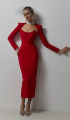 SQUARE SHOULDER CORSET MIDI DRESS IN RED