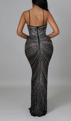 LACE SEE-THROUGH DIAMONDS MAXI DRESS IN BLACK